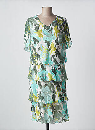 Robe mi-longue imprimé fleurs manches courtes vert FRANK WALDER femme