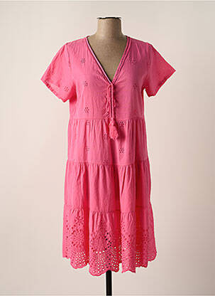 Robe mi-longue coupe évasée manches courtes rose COULEURS DU TEMPS femme