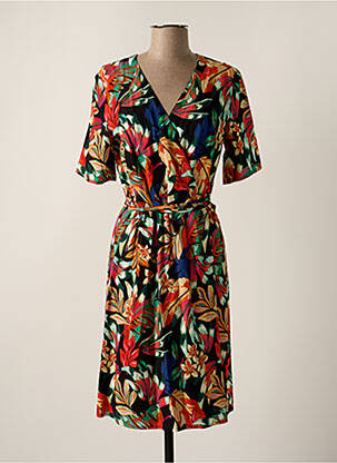 Robe mi-longue imprimé fleurs manches courtes noir GEVANA femme