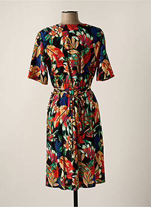 Robe mi-longue imprimé fleurs manches courtes noir GEVANA femme