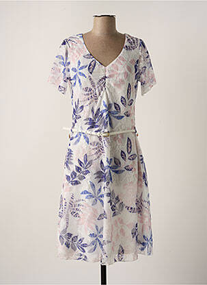 Robe mi-longue imprimé fleurs manches courtes blanc CHRISTINE LAURE femme