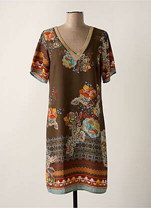 Robe mi-longue imprimé fleurs manches courtes marron LA FEE MARABOUTEE femme