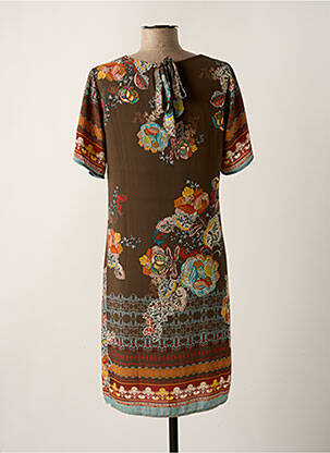 Robe mi-longue imprimé fleurs manches courtes marron LA FEE MARABOUTEE femme