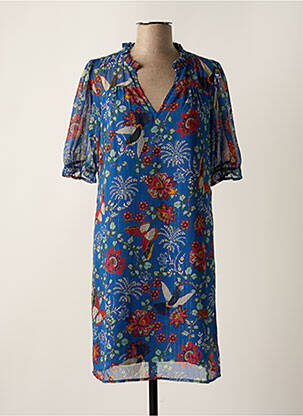 Robe mi-longue imprimé fleurs manches courtes bleu AKOZ DE TOI femme