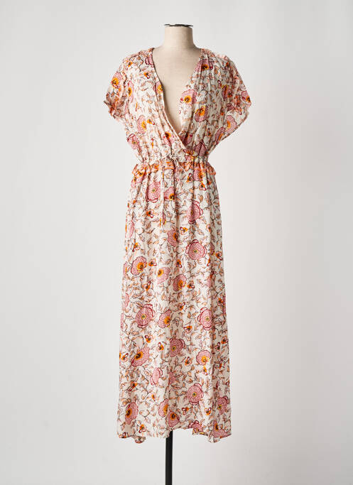 Robe longue imprimé fleurs manches courtes beige B.YOUNG femme