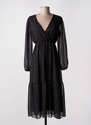 Robe mi-longue tissage crêpe manches longues noir PAKO LITTO femme