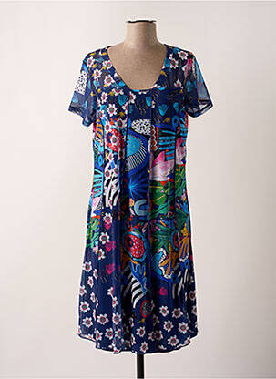 Robe mi-longue imprimé fleurs manches courtes bleu KALISSON femme