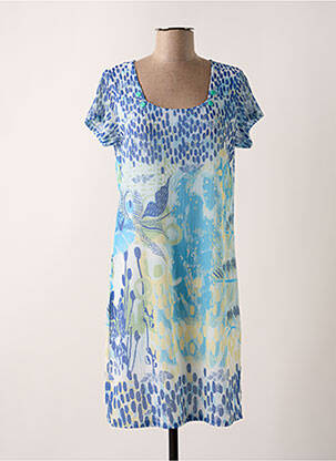 Robe mi-longue coupe fluide manches courtes bleu KALISSON femme