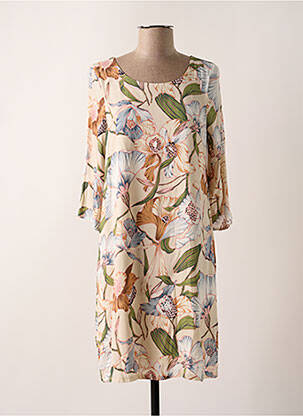 Robe mi-longue imprimé fleurs manches 3/4 beige SIGNE NATURE femme