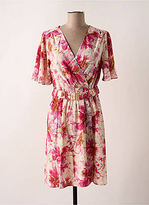 Robe mi-longue imprimé fantaisie manches courtes rose BY ONE femme