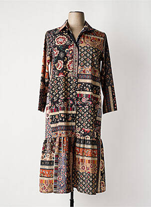Robe mi-longue imprimé fleurs manches 3/4 noir VICTORIA femme