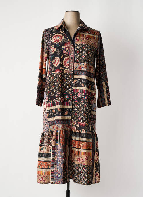 Robe mi-longue imprimé fleurs manches 3/4 noir VICTORIA femme