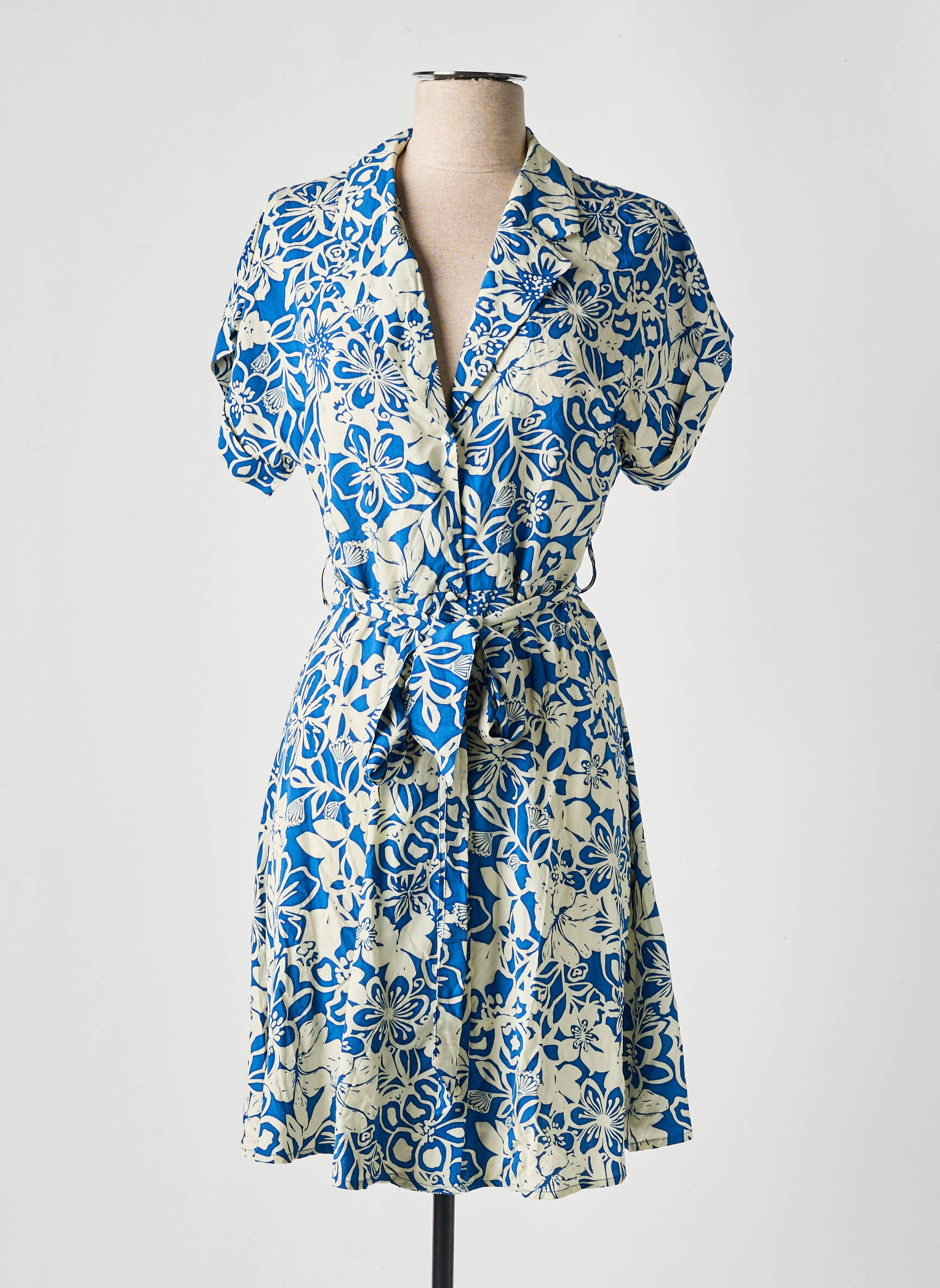 Robe mi-longue imprimé fleurs manches courtes bleu GOA femme