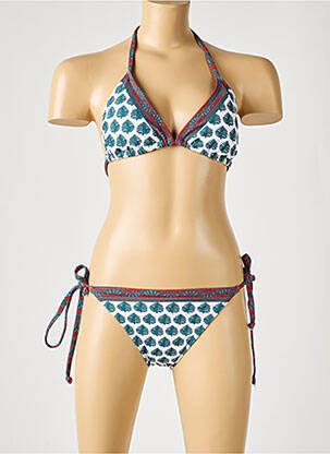 Maillot de bain 2 pièces fermeture liens à nouer haut triangles blanc LAGON BLEU femme