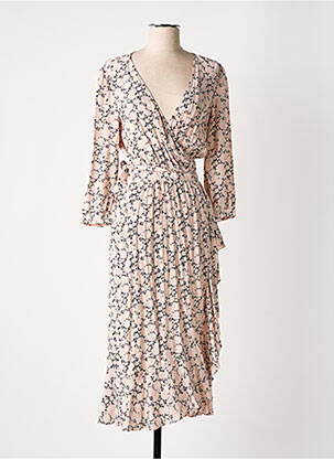 Robe mi-longue imprimé fleurs manches 3/4 rose IDANO femme