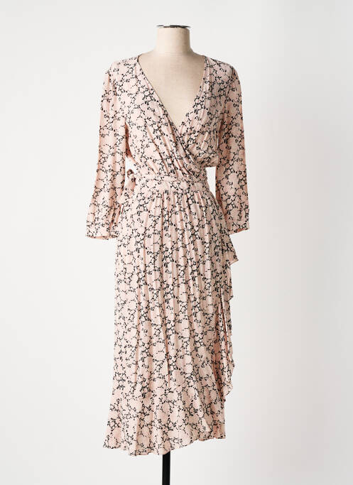Robe mi-longue imprimé fleurs manches 3/4 rose IDANO femme