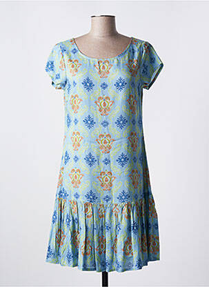 Robe mi-longue imprimé fleurs manches courtes bleu AGATHE & LOUISE femme