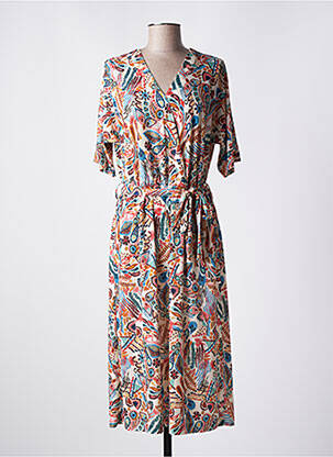 Robe mi-longue imprimé fleurs manches courtes beige DIANE LAURY femme