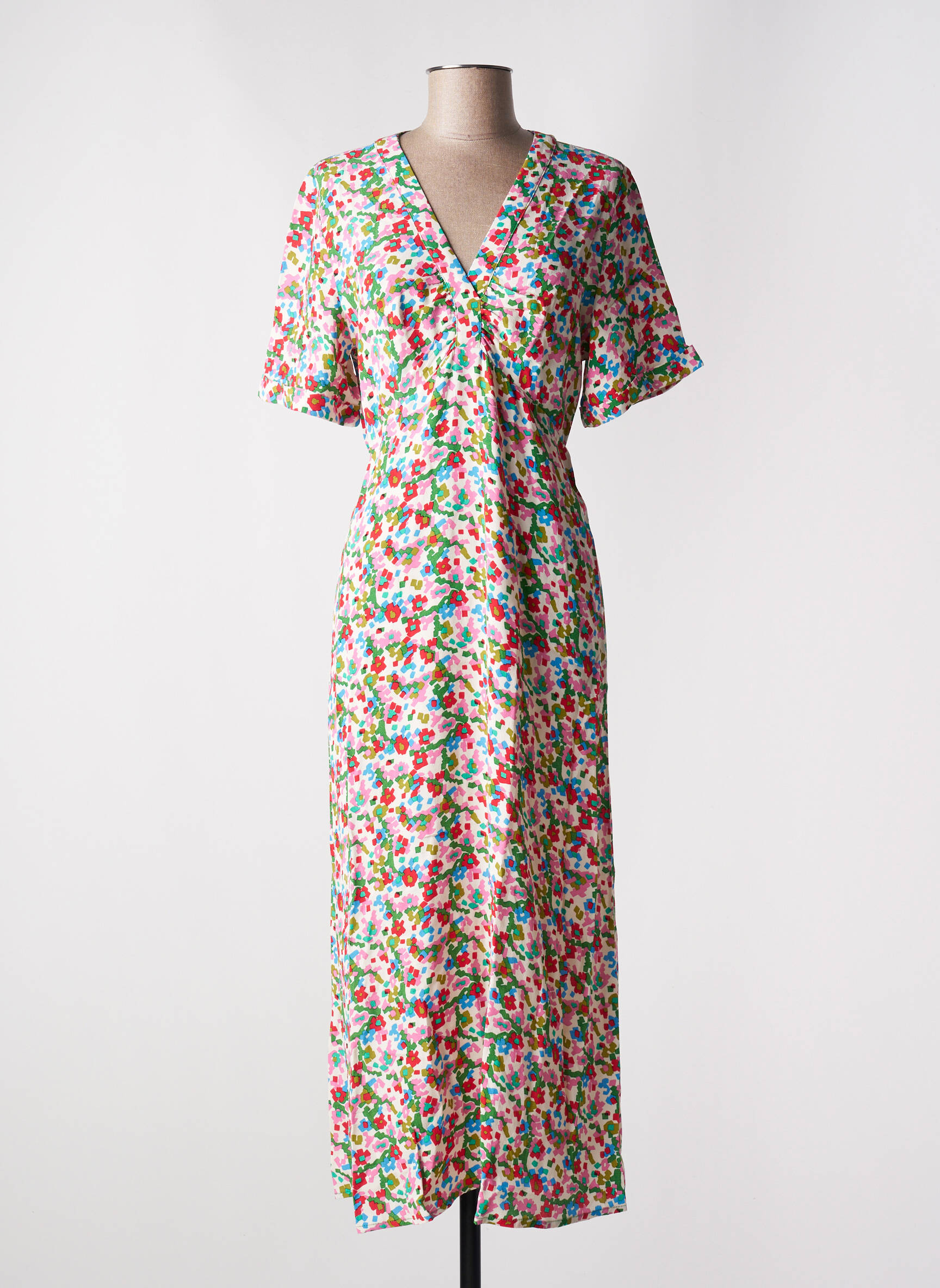 Robe longue imprimé fantaisie manches courtes rose ANGE femme