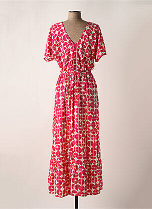 Robe longue imprimé fantaisie manches courtes rose ICHI femme