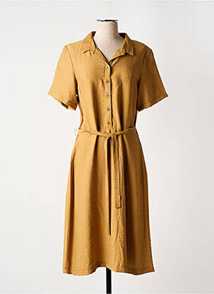 Robe mi-longue tissage crêpe manches courtes marron GRIFFON femme