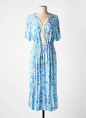 Robe mi-longue coupe fluide manches courtes bleu HALOGENE femme