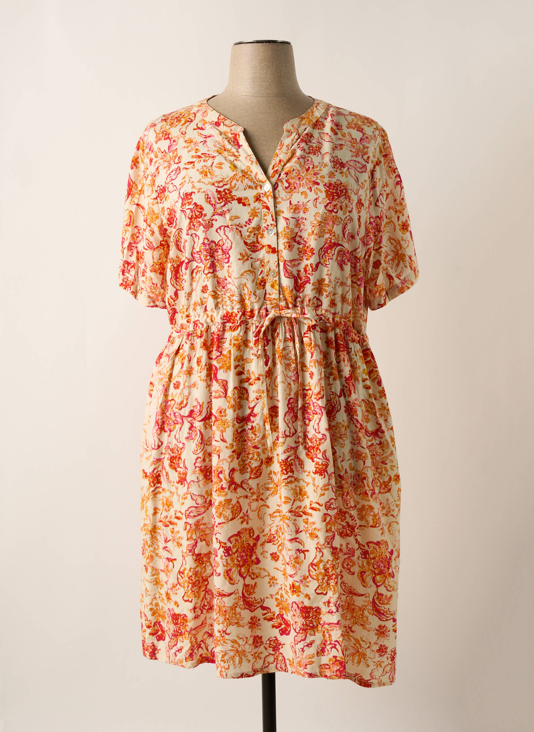 Robe mi-longue imprimé fleurs manches courtes beige CREAM femme