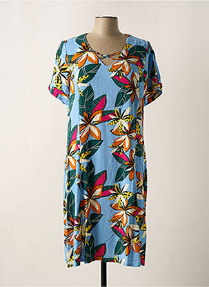 Robe mi-longue imprimé fleurs manches courtes bleu GUY DUBOUIS femme