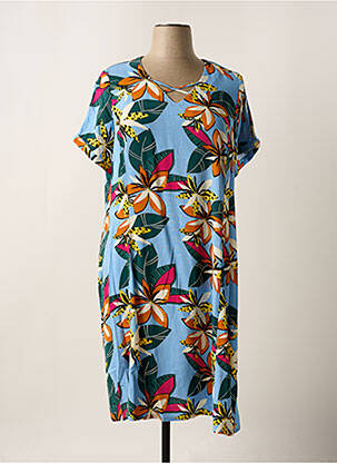 Robe mi-longue imprimé fleurs manches courtes bleu FRANCE RIVOIRE femme