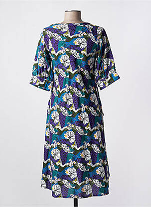 Robe mi-longue imprimé fleurs manches courtes bleu KALI YOG femme