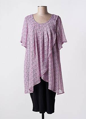 Robe mi-longue imprimé fleurs manches courtes rose ZHENZI femme