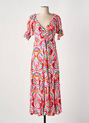 Robe longue tissage popeline manches courtes rose COULEURS DU TEMPS femme
