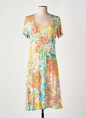 Robe mi-longue imprimé fleurs manches courtes jaune GEVANA femme