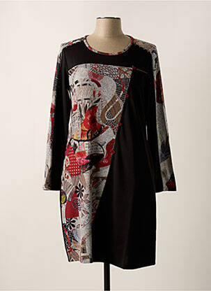 Robe mi-longue imprimé fantaisie manches longues noir KALISSON femme