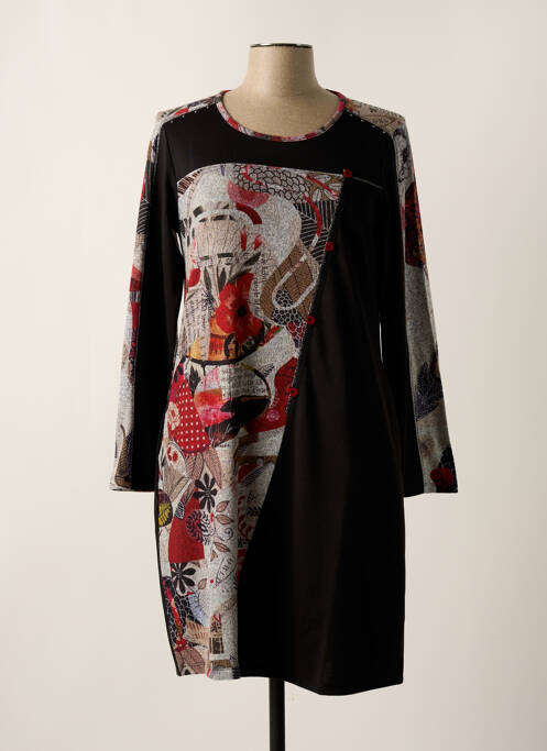 Robe mi-longue imprimé fantaisie manches longues noir KALISSON femme