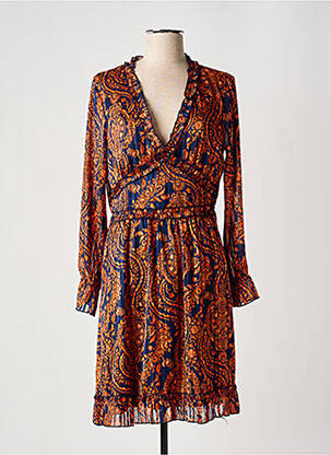 Robe mi-longue imprimé fantaisie manches longues orange LILIE ROSE femme