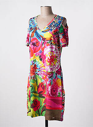 Robe mi-longue imprimé fleurs manches courtes rouge MALOKA femme