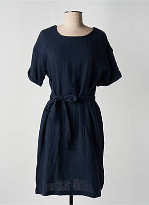 Robe mi-longue tissage crêpe manches courtes bleu ICHI femme