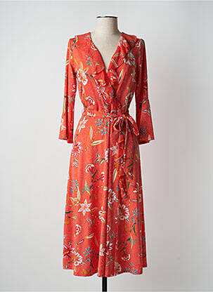 Robe mi-longue imprimé fleurs manches longues orange K-DESIGN femme