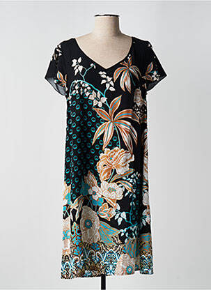 Robe mi-longue imprimé fleurs manches courtes noir BARANDI femme