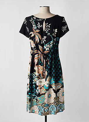 Robe mi-longue imprimé fleurs manches courtes noir BARANDI femme