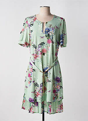 Robe mi-longue imprimé fleurs manches courtes vert K-DESIGN femme