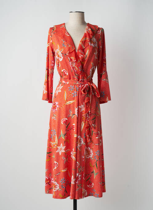Robe mi-longue imprimé fleurs manches longues orange K-DESIGN femme