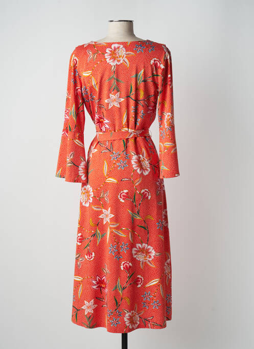 Robe mi-longue imprimé fleurs manches longues orange K-DESIGN femme