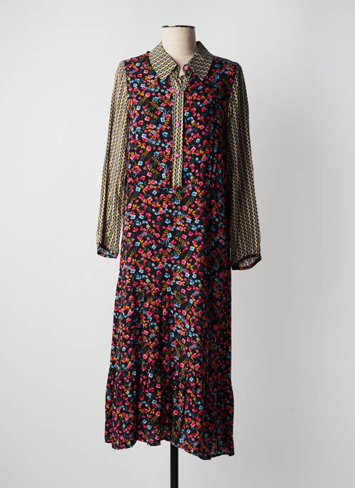 Robe mi-longue imprimé fleurs manches longues noir POUPEE CHIC femme