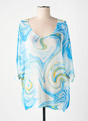 Pull maille ajourée manches 3/4 bleu COULEURS DU TEMPS femme