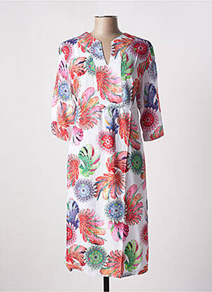 Robe mi-longue imprimé fleurs manches 3/4 blanc TENDANCE UNIQUE femme
