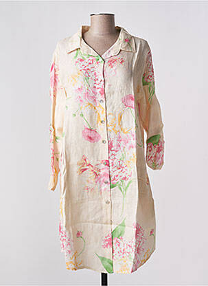 Robe mi-longue imprimé fleurs manches longues beige BLANC BOHEME femme