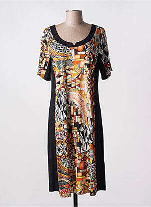 Robe mi-longue imprimé fantaisie manches courtes noir BARANDI femme