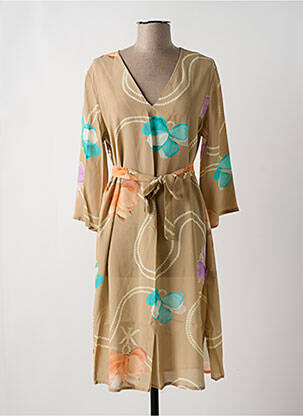 Robe mi-longue imprimé fleurs manches 3/4 beige KONTESSA femme